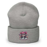 Gray beanie with ’Club Life’ design.