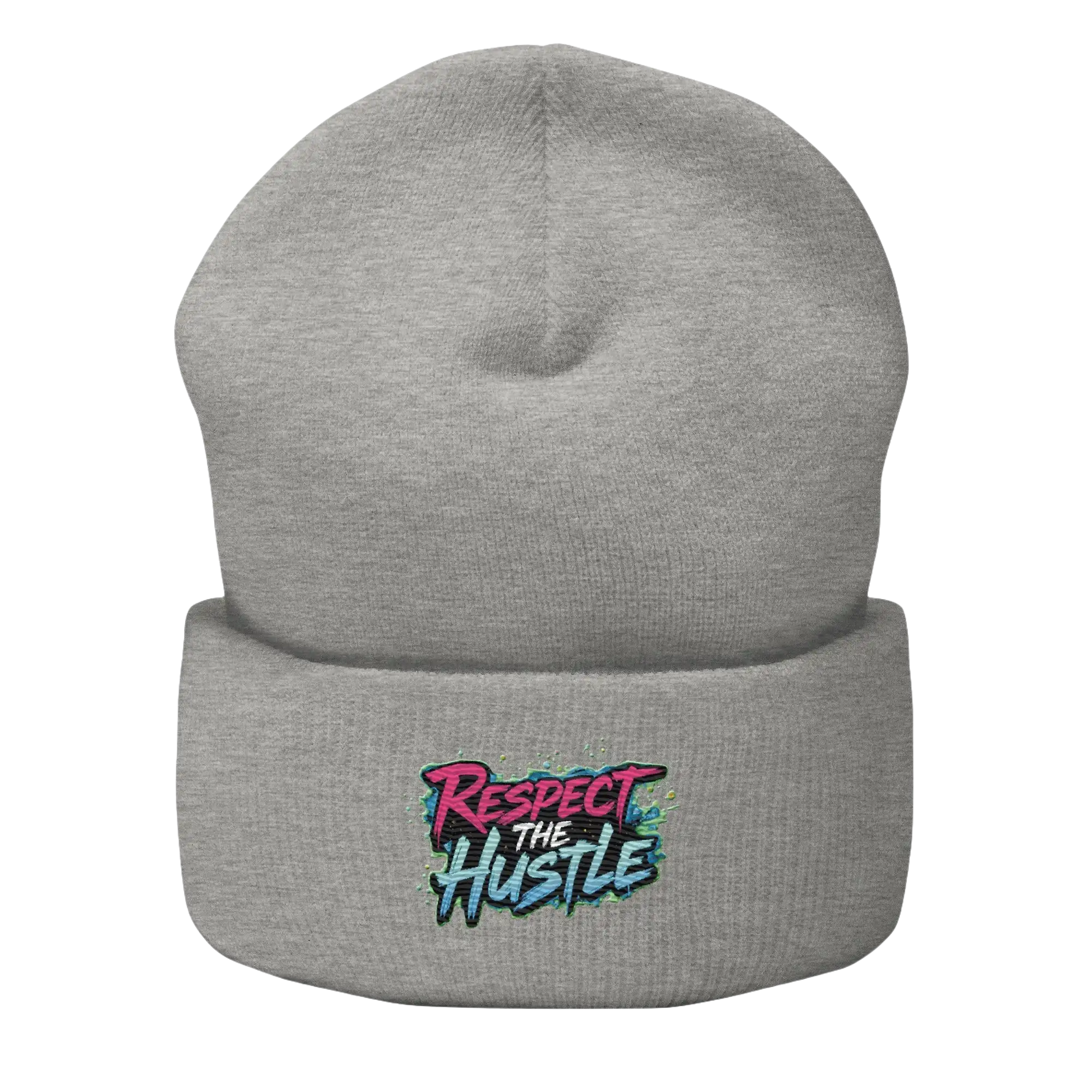 Gray knit beanie with ’Respect the Hustle’ graphic.