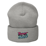 Gray knit beanie with ’Respect the Hustle’ graphic.