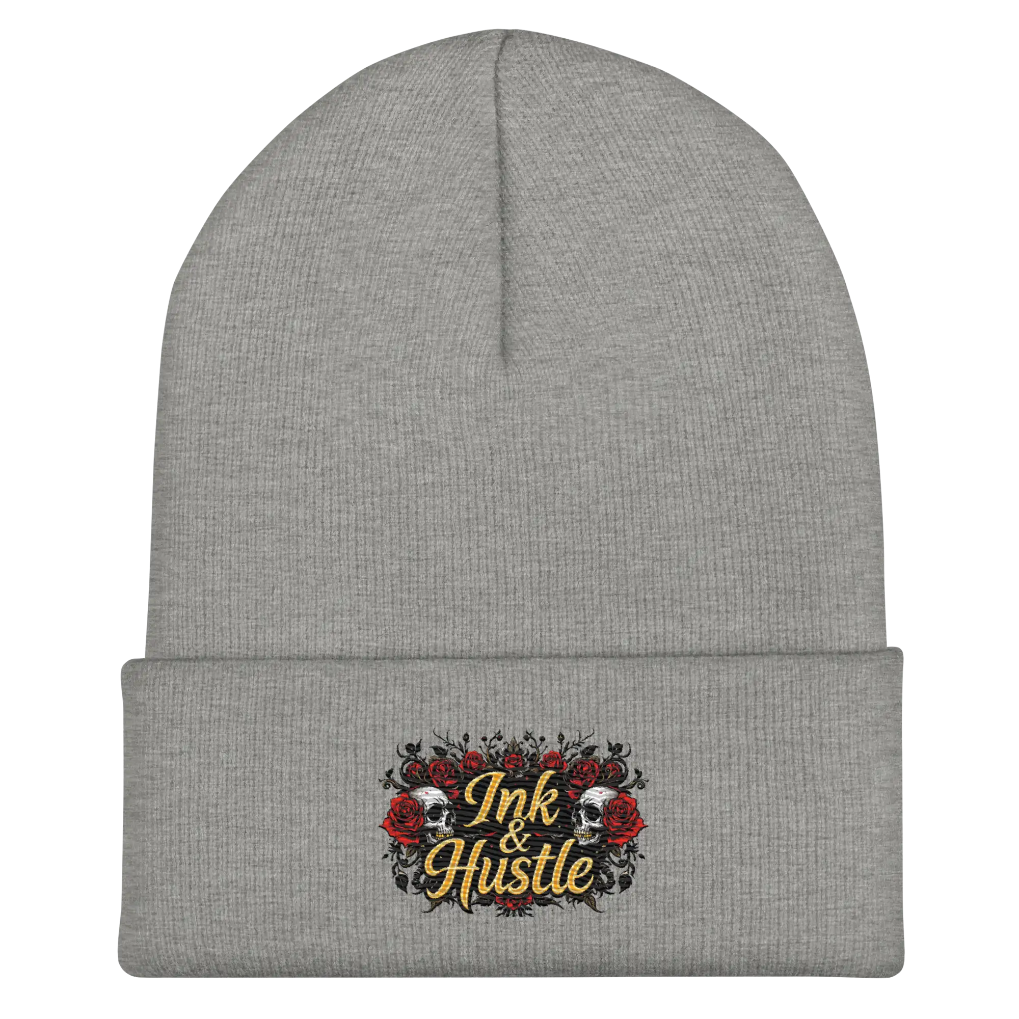 Gray knit beanie.