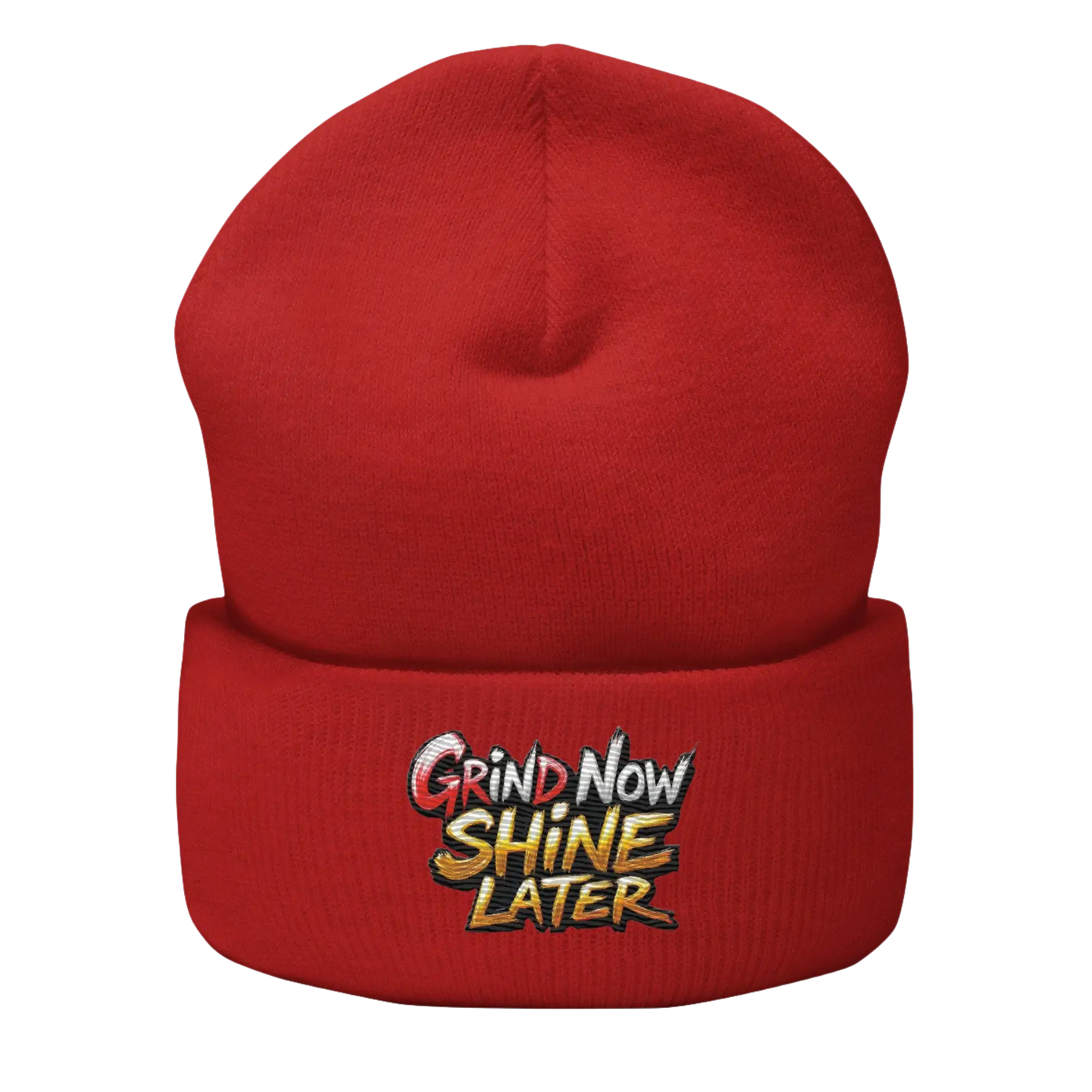 Red beanie with embroidered text.