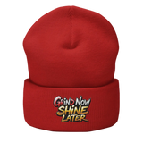 Red beanie with embroidered text.