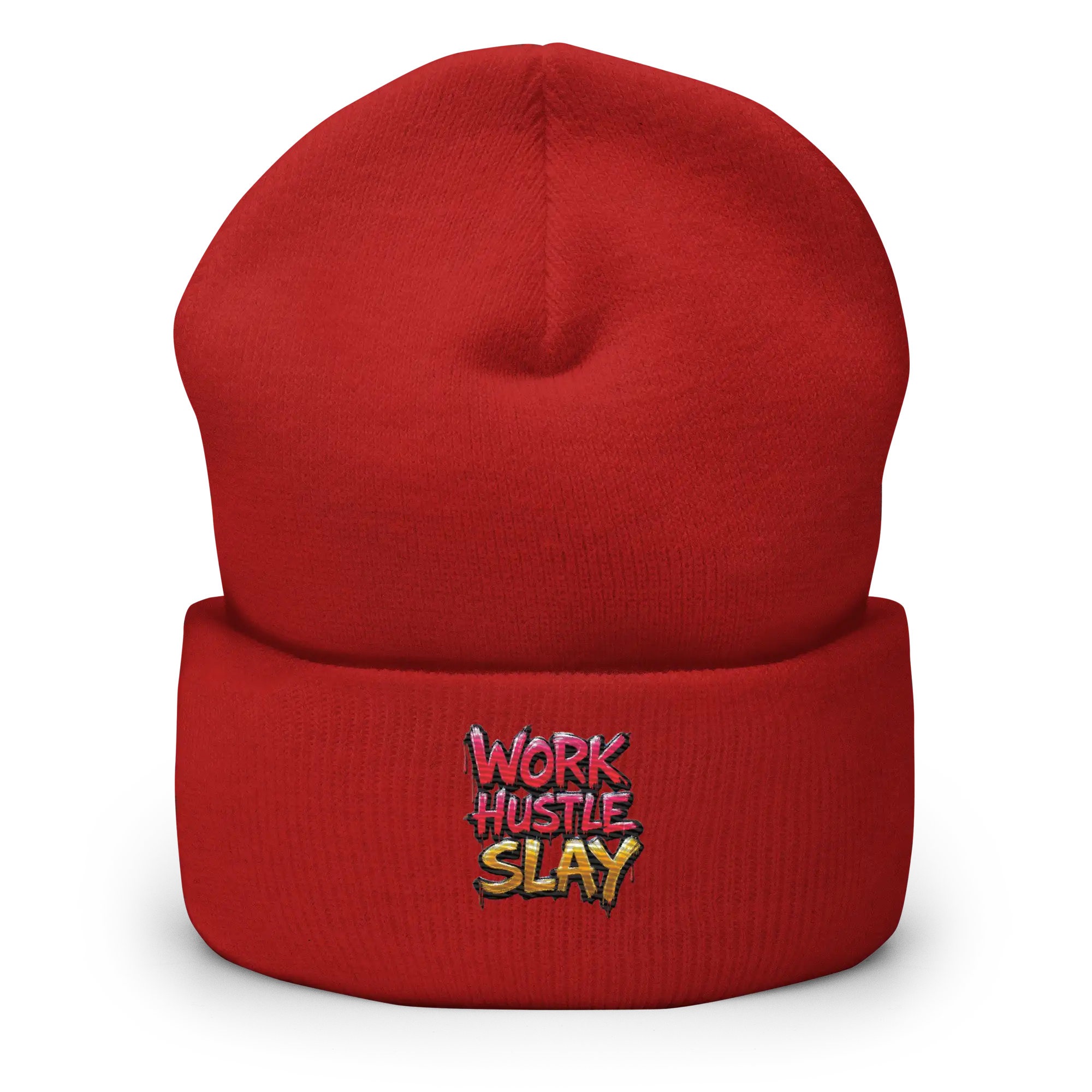 Red knit beanie.