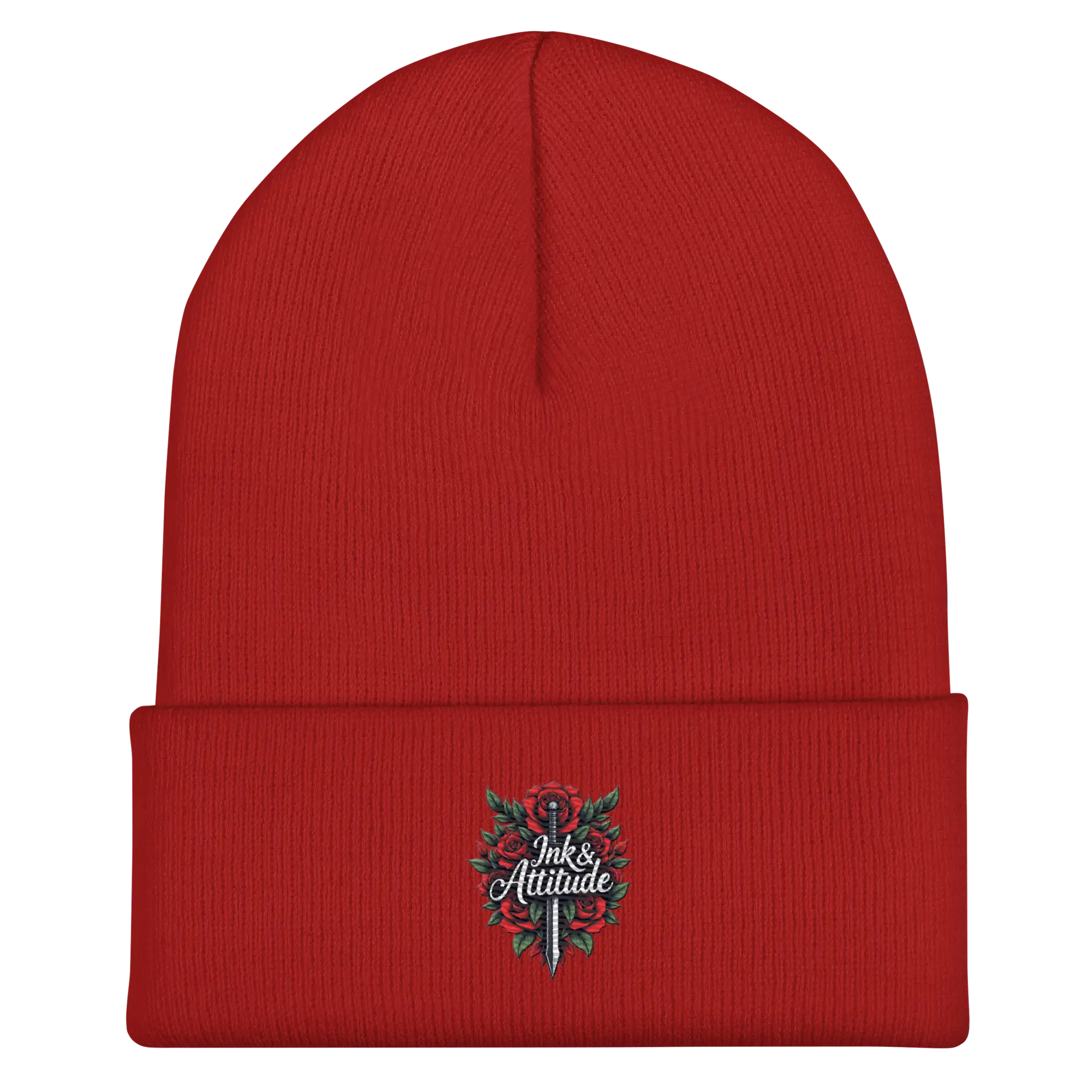 Red knit beanie.