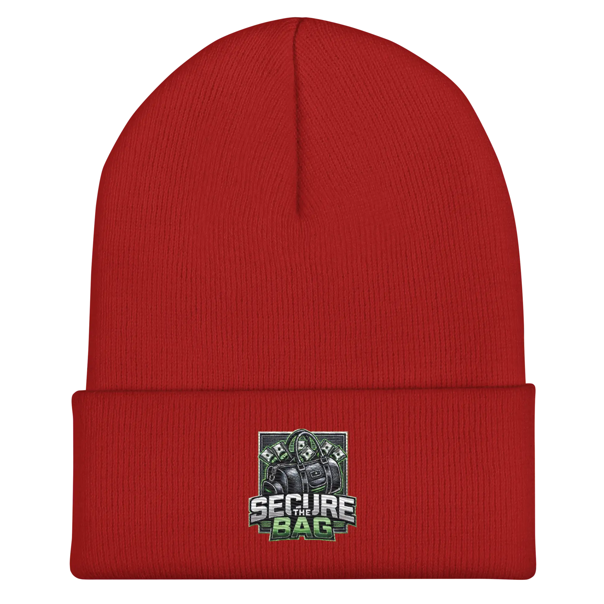 Red knit beanie.