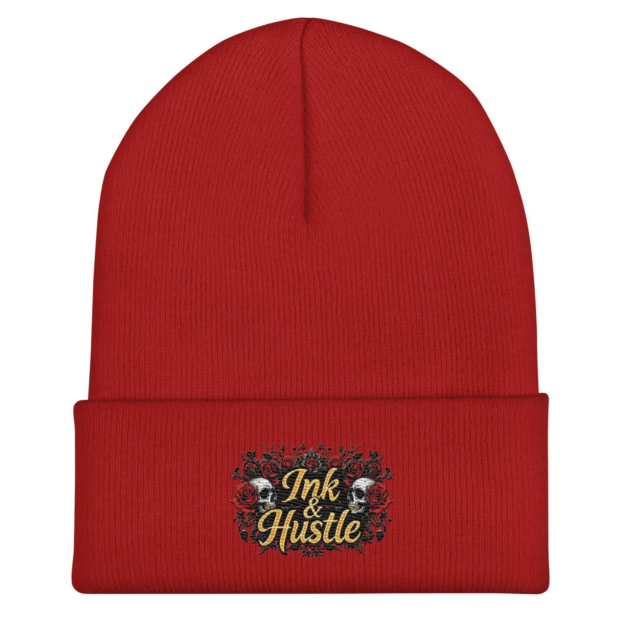 Red knit beanie.