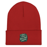 Red beanie with money-themed embroidery.