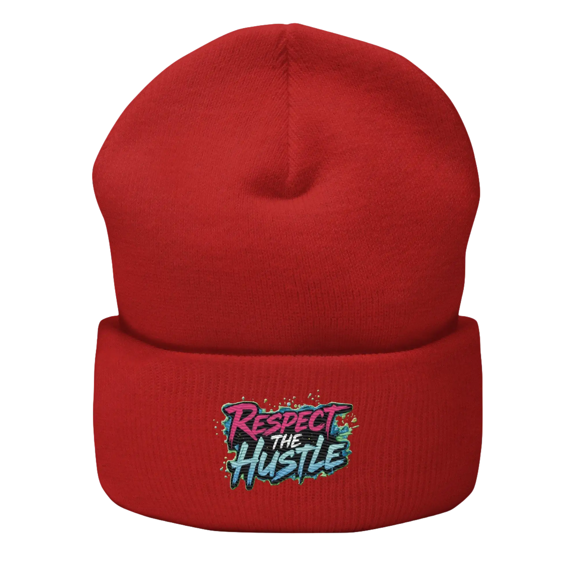 Red beanie with ’Respect the Hustle’ graphic.