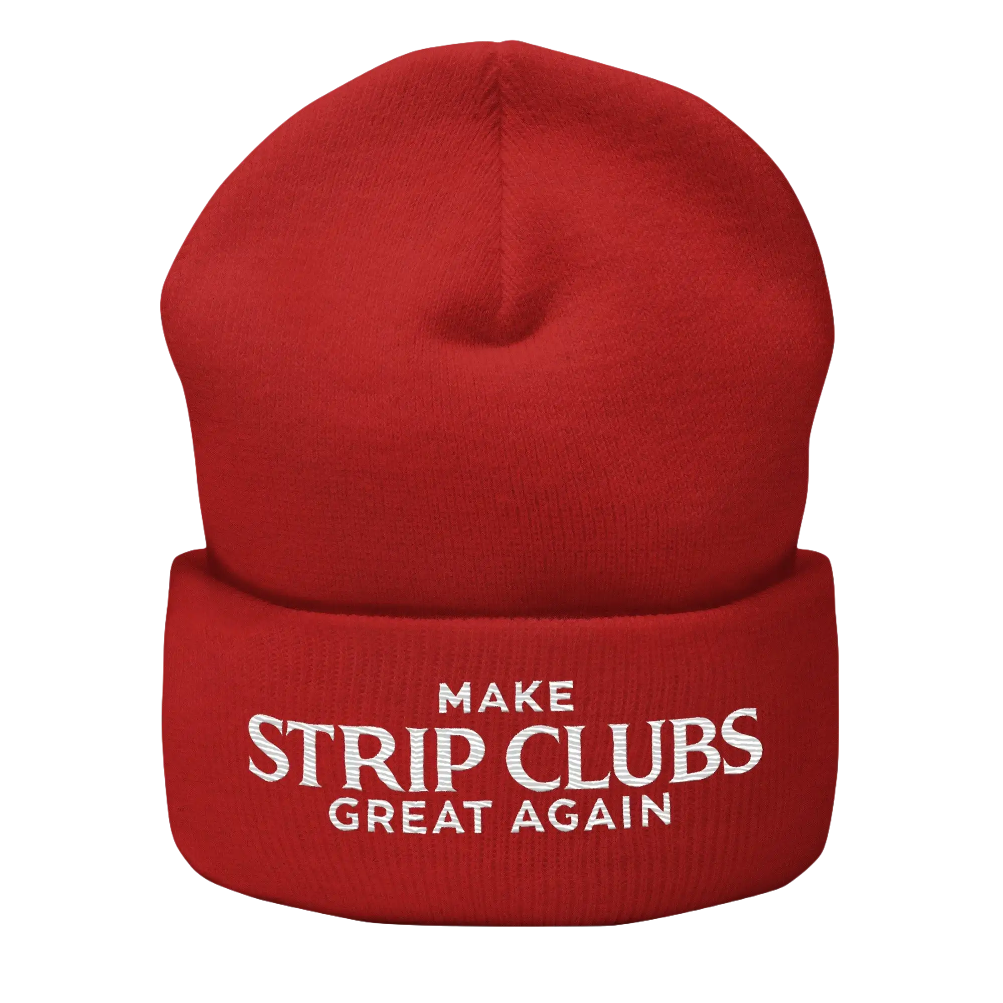 Red beanie with white text.