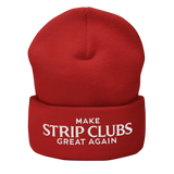 Red beanie with white text.