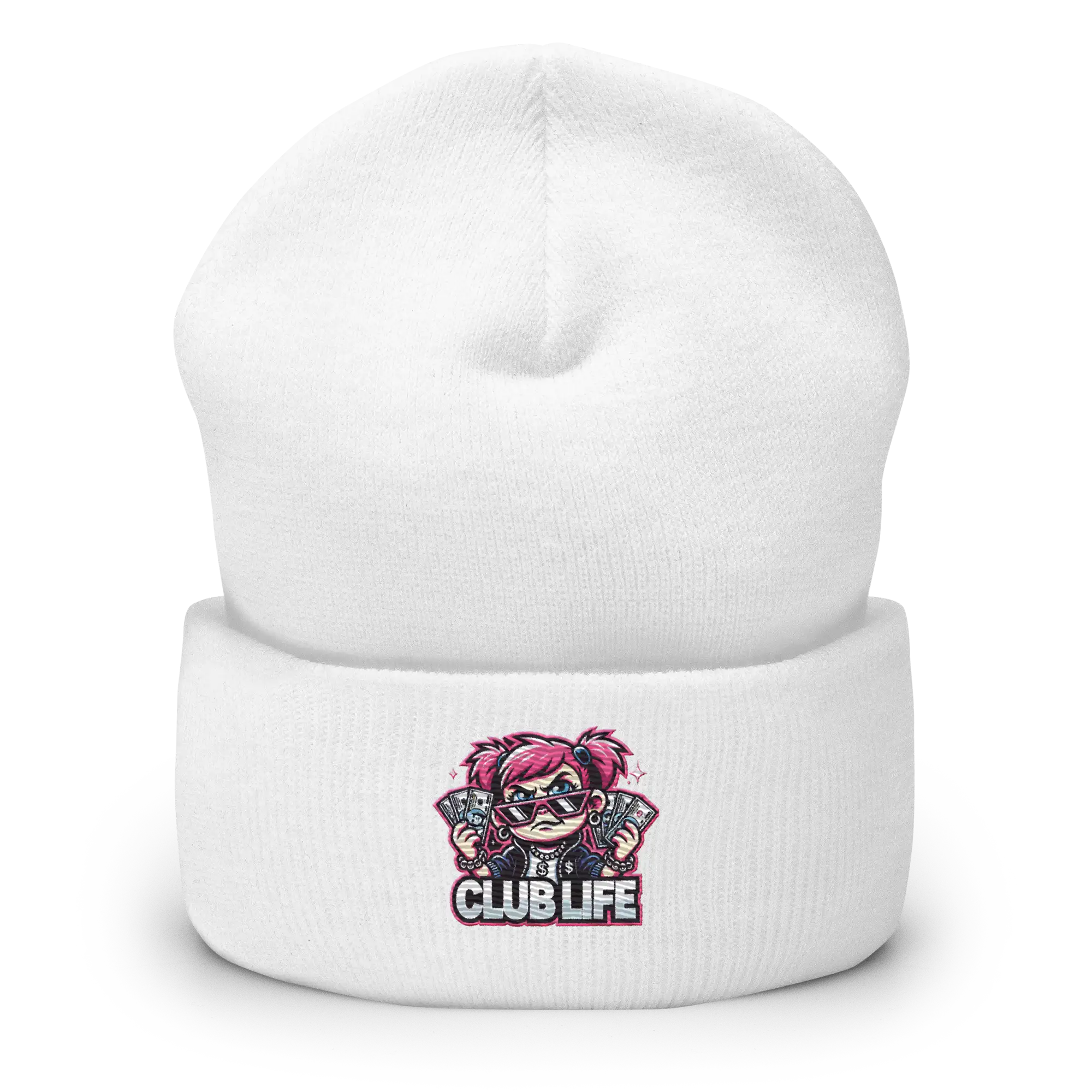 White beanie with cartoon graphic.