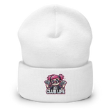 White beanie with cartoon graphic.