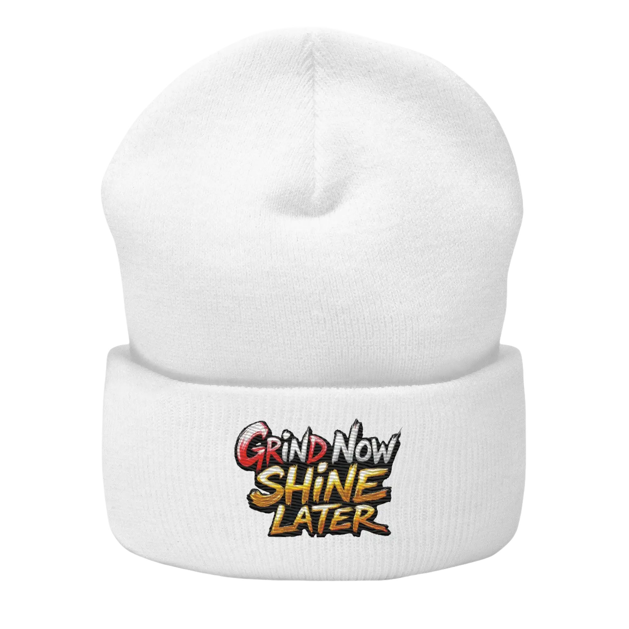 White beanie with embroidered text.