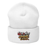 White beanie with embroidered text.