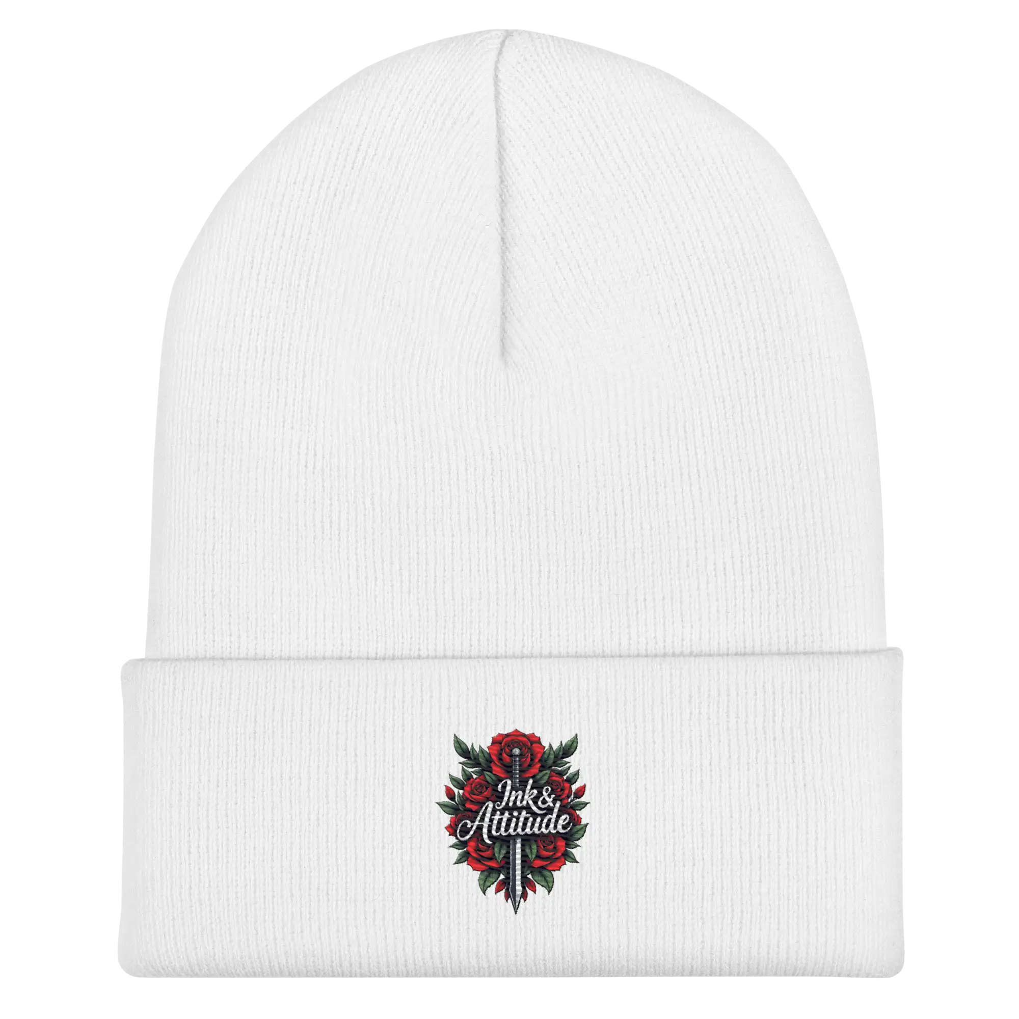 White beanie with floral sword design.
