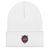 White beanie with floral sword design.