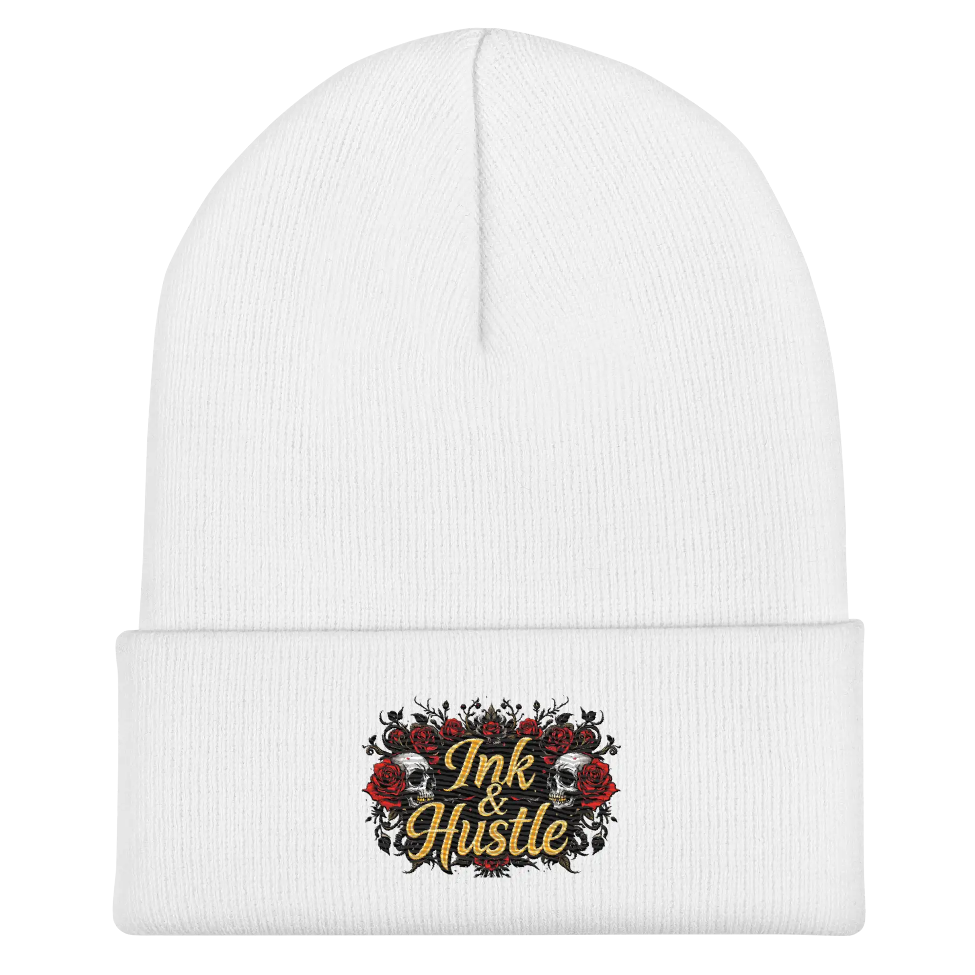 White beanie with ’Ink & Hustle’ design.