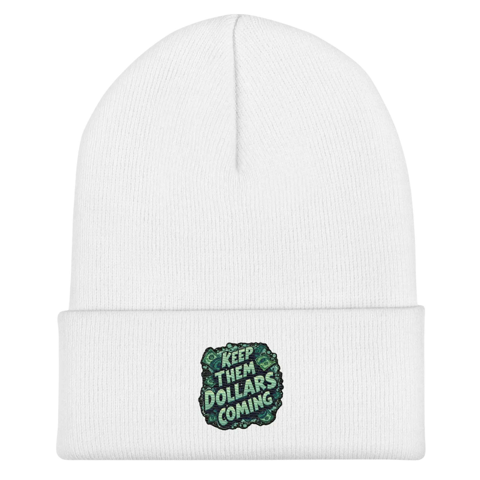White knit beanie.