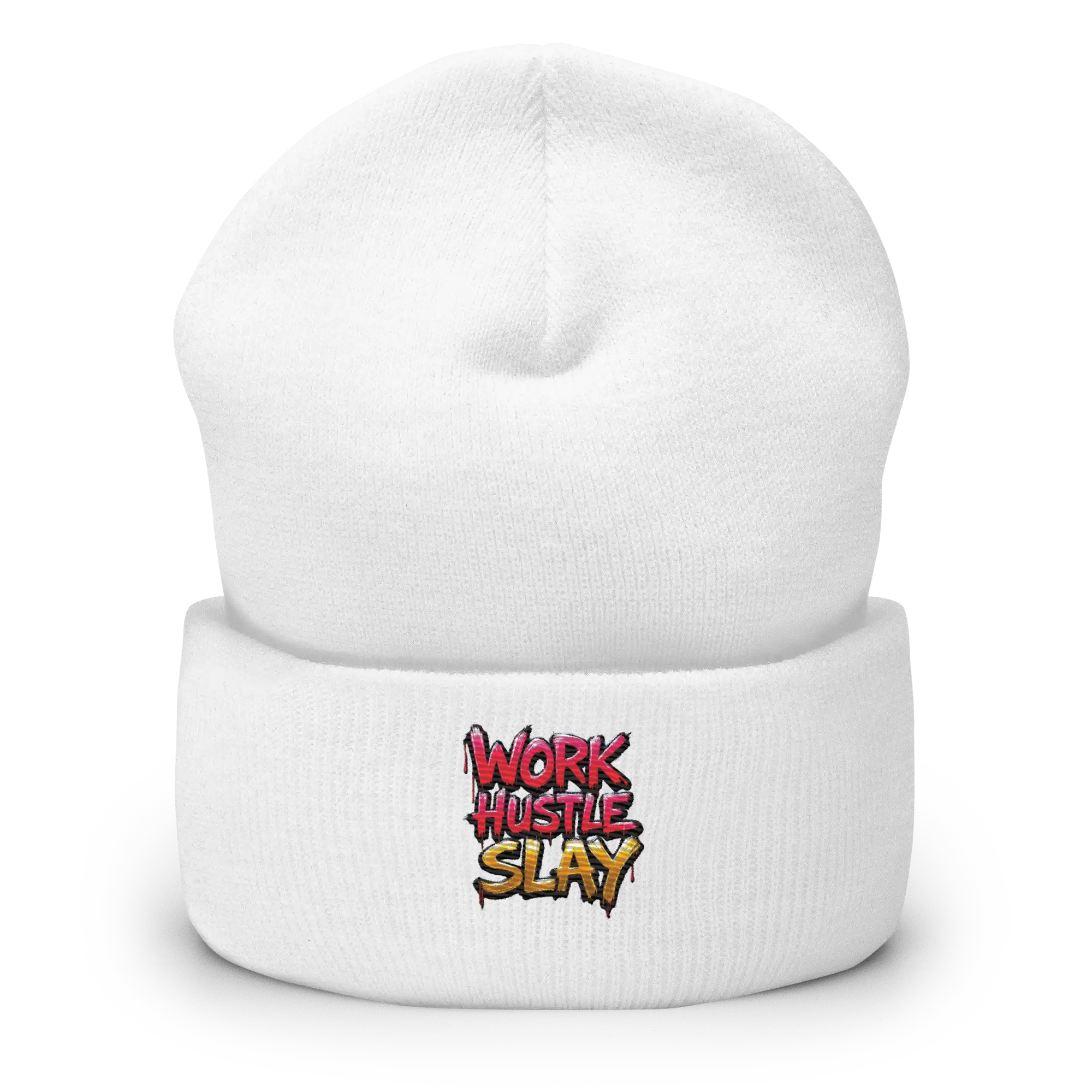 White knit beanie.