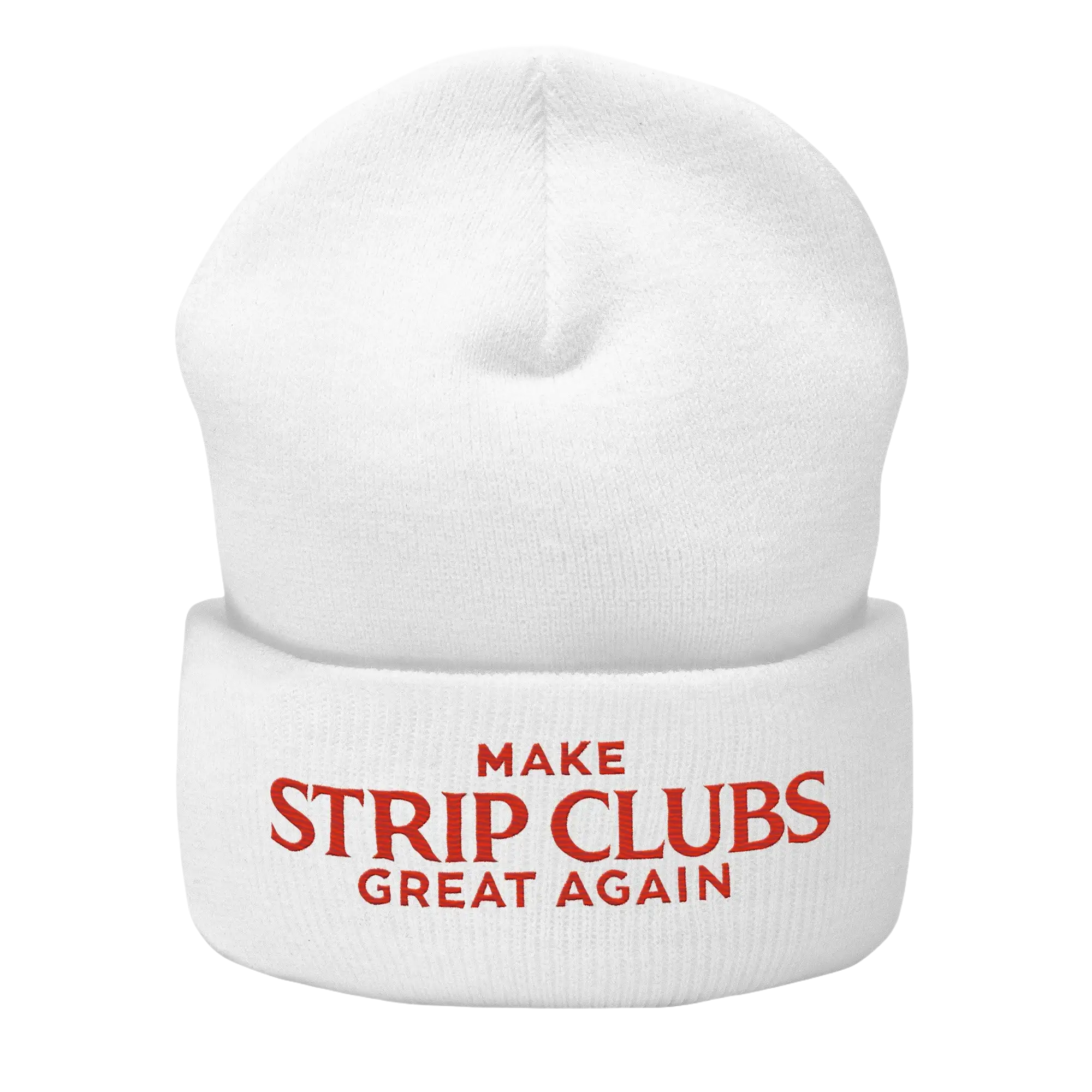 White beanie with red text.