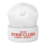 White beanie with red text.