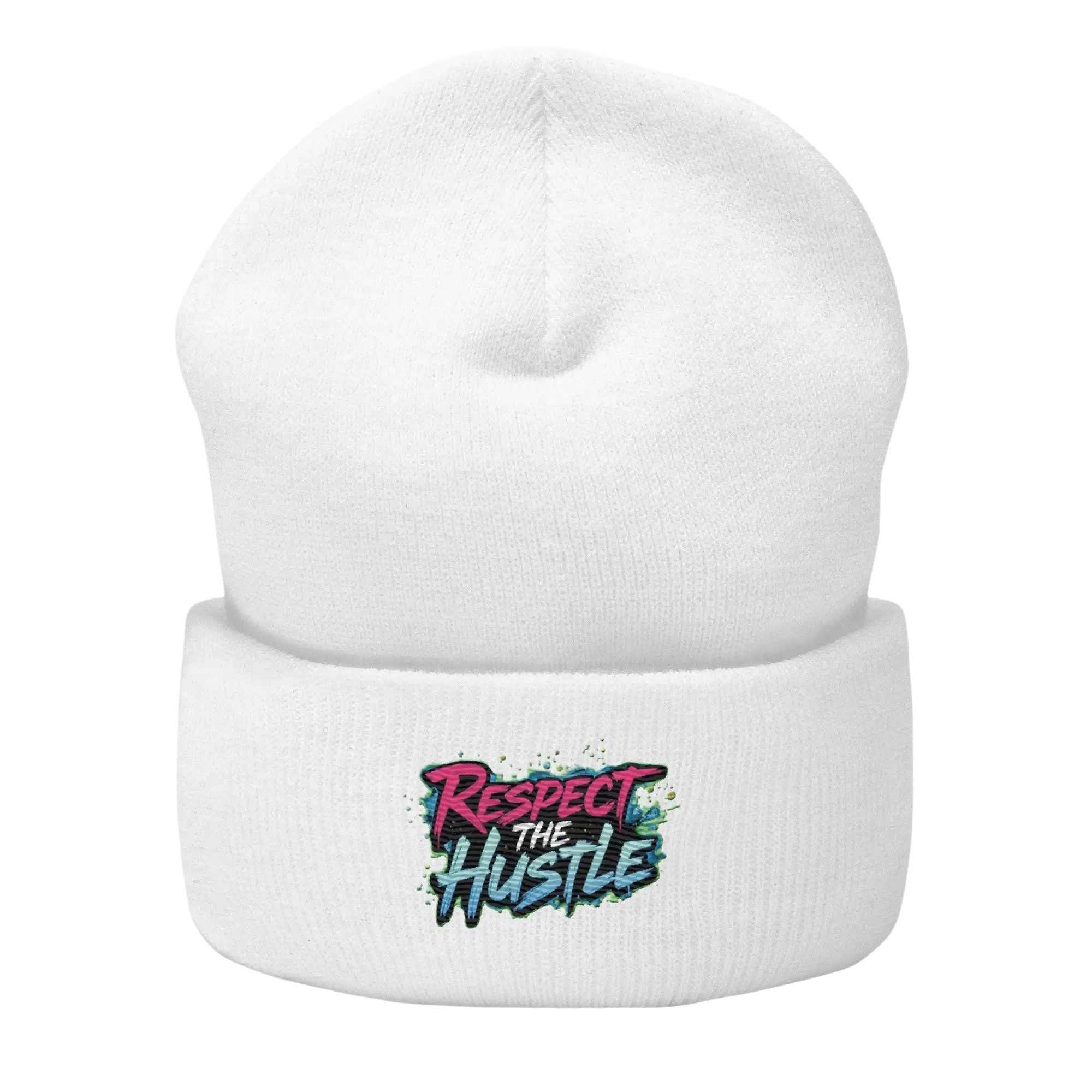 White beanie with ’Respect the Hustle’ design.