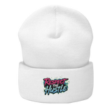 White beanie with ’Respect the Hustle’ design.