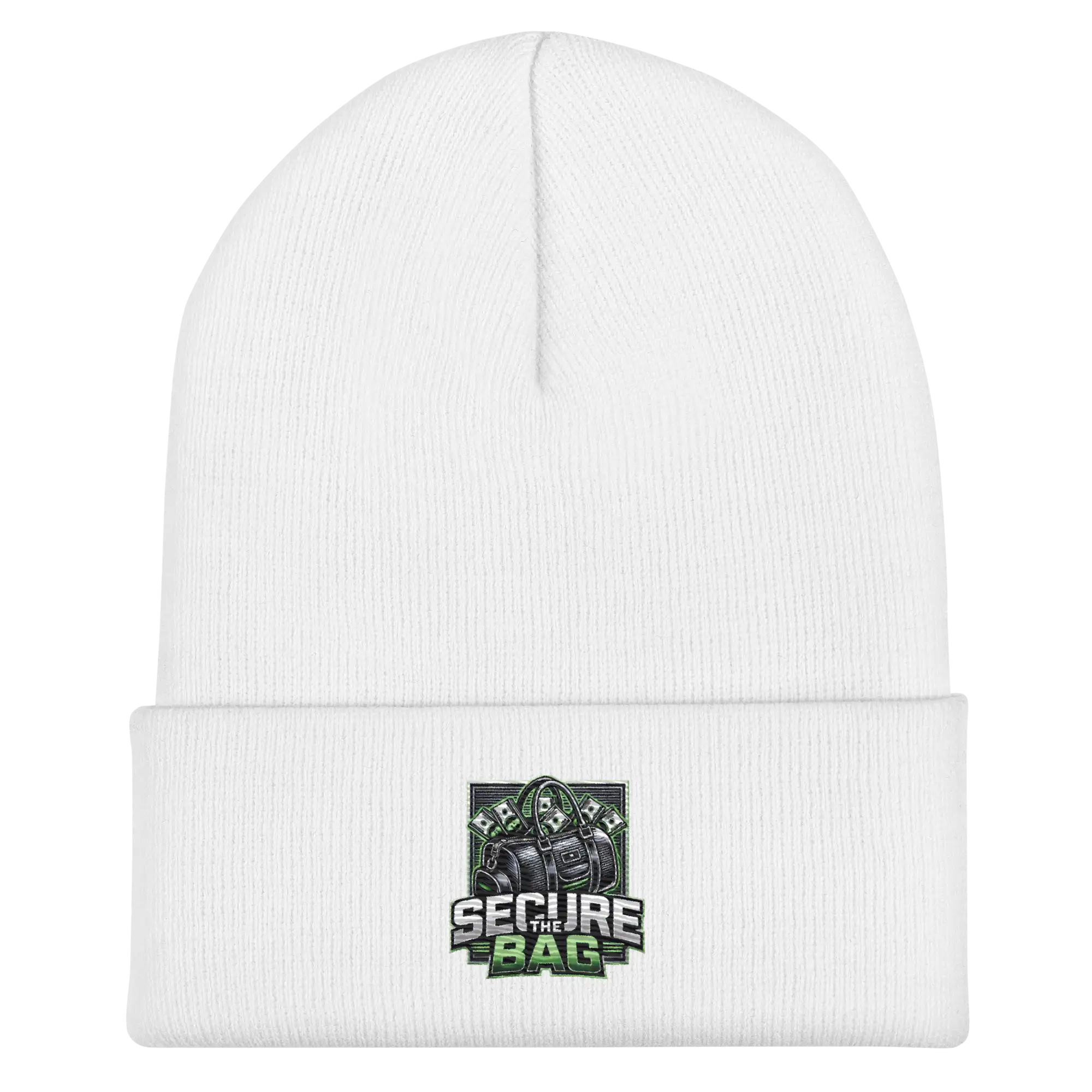 White beanie with ’Secure Bag’ logo.