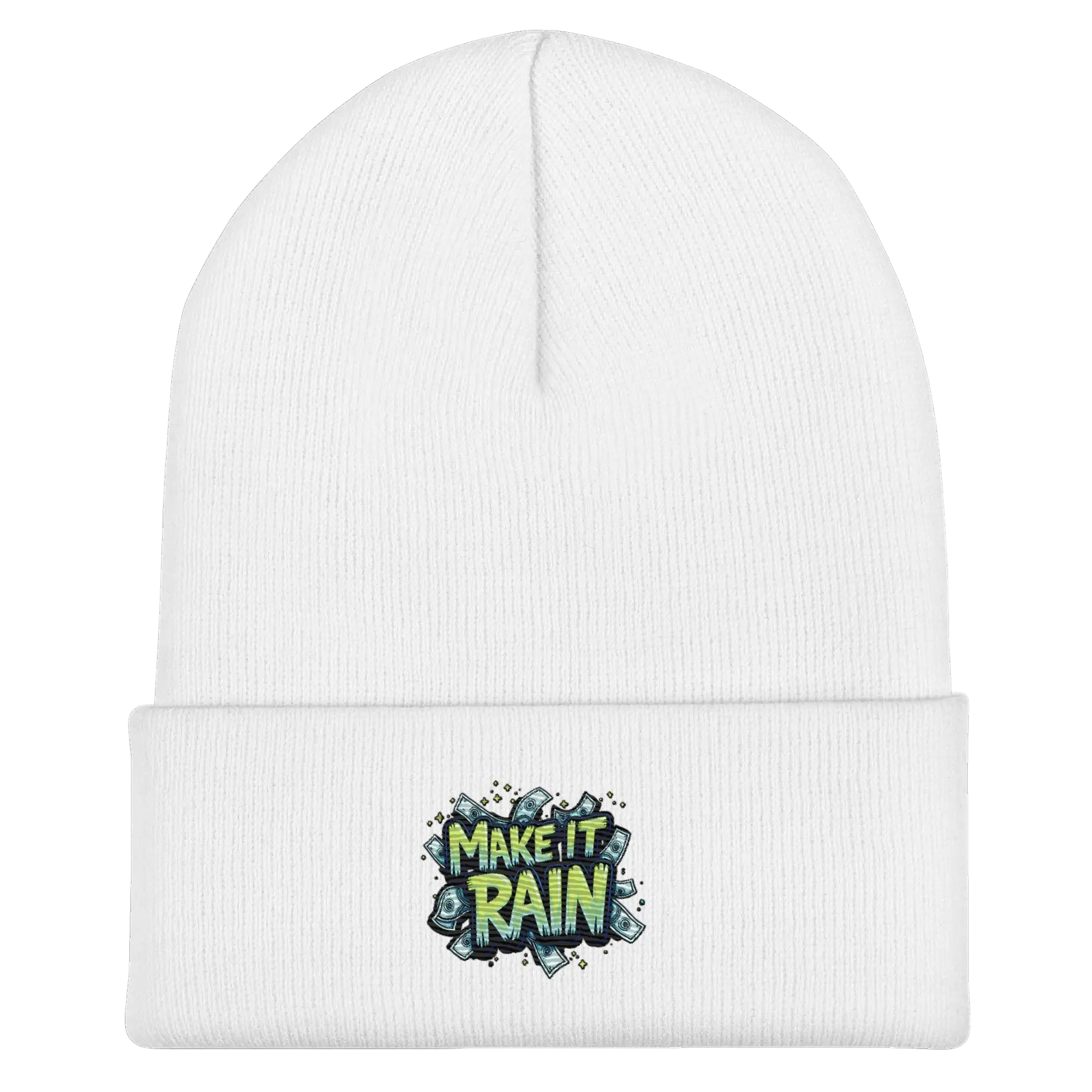White beanie with ’Make It Rain’ graphic.