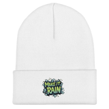 White beanie with ’Make It Rain’ graphic.