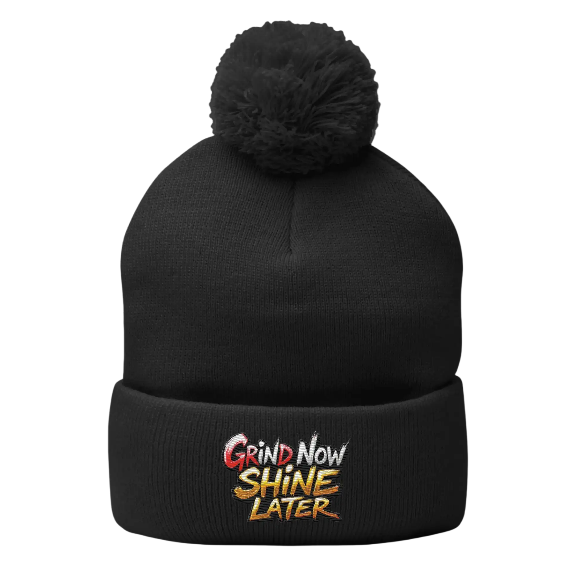 Black knit beanie with pompom.