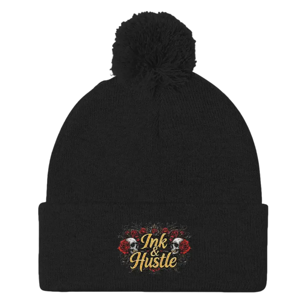 Black beanie with pompom.