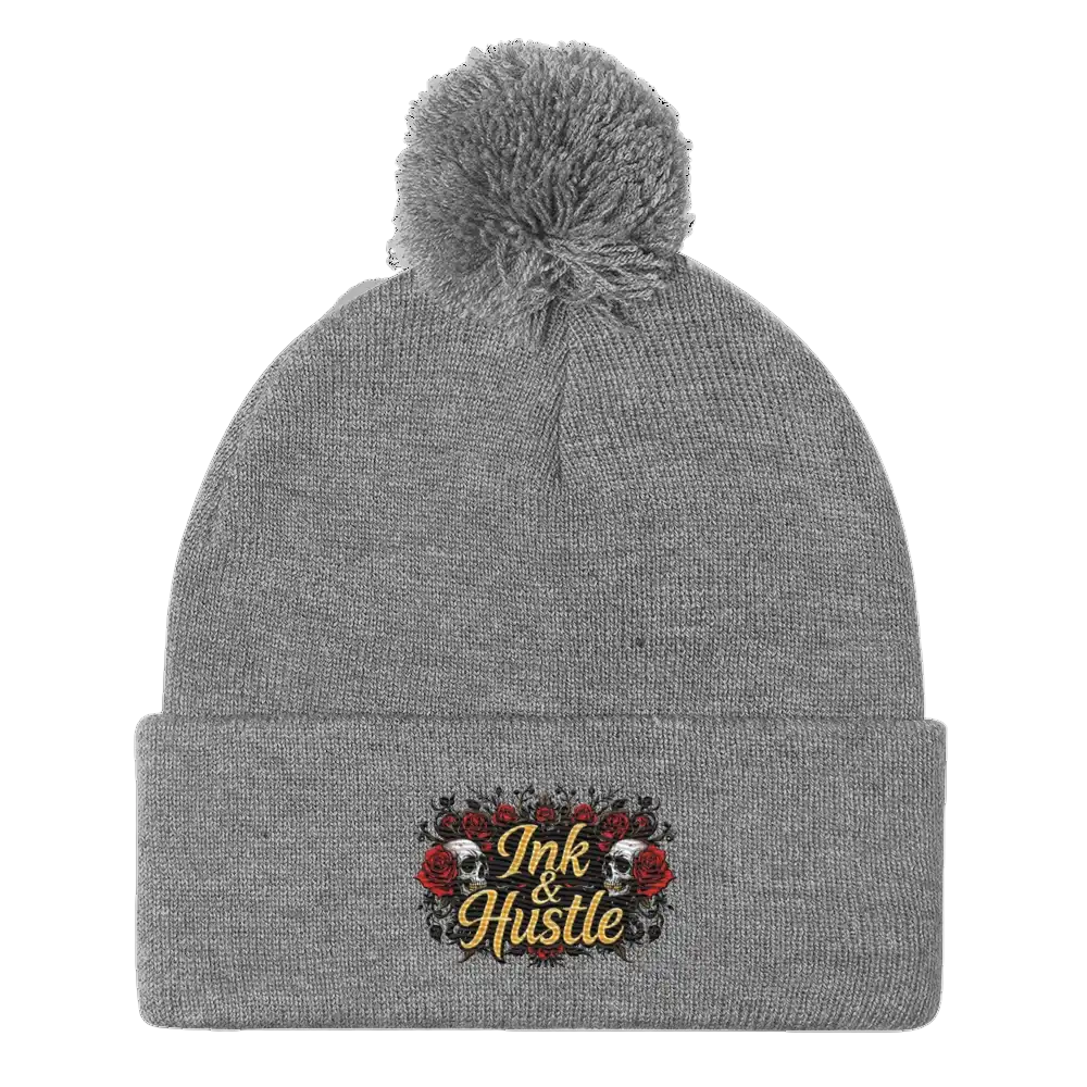 Gray pom-pom beanie.