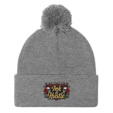 Gray pom-pom beanie.