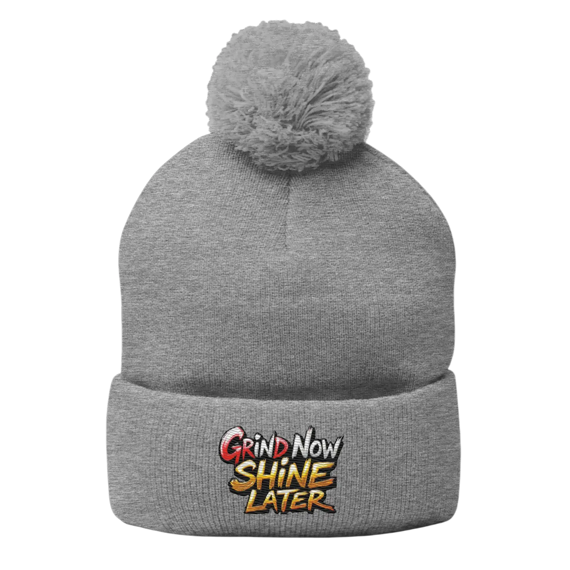 Gray knit beanie with pompom.