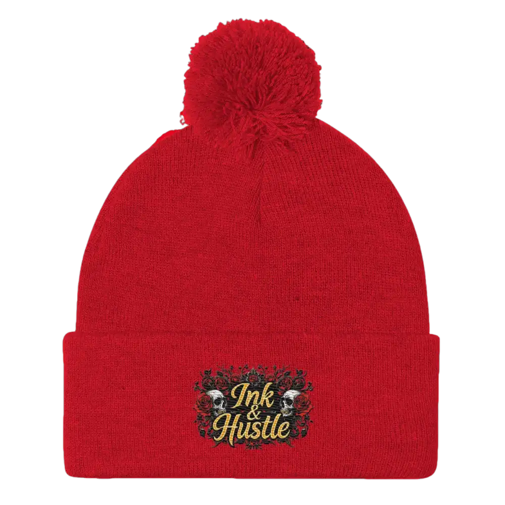 Red pom-pom beanie.
