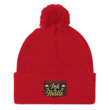 Red pom-pom beanie.
