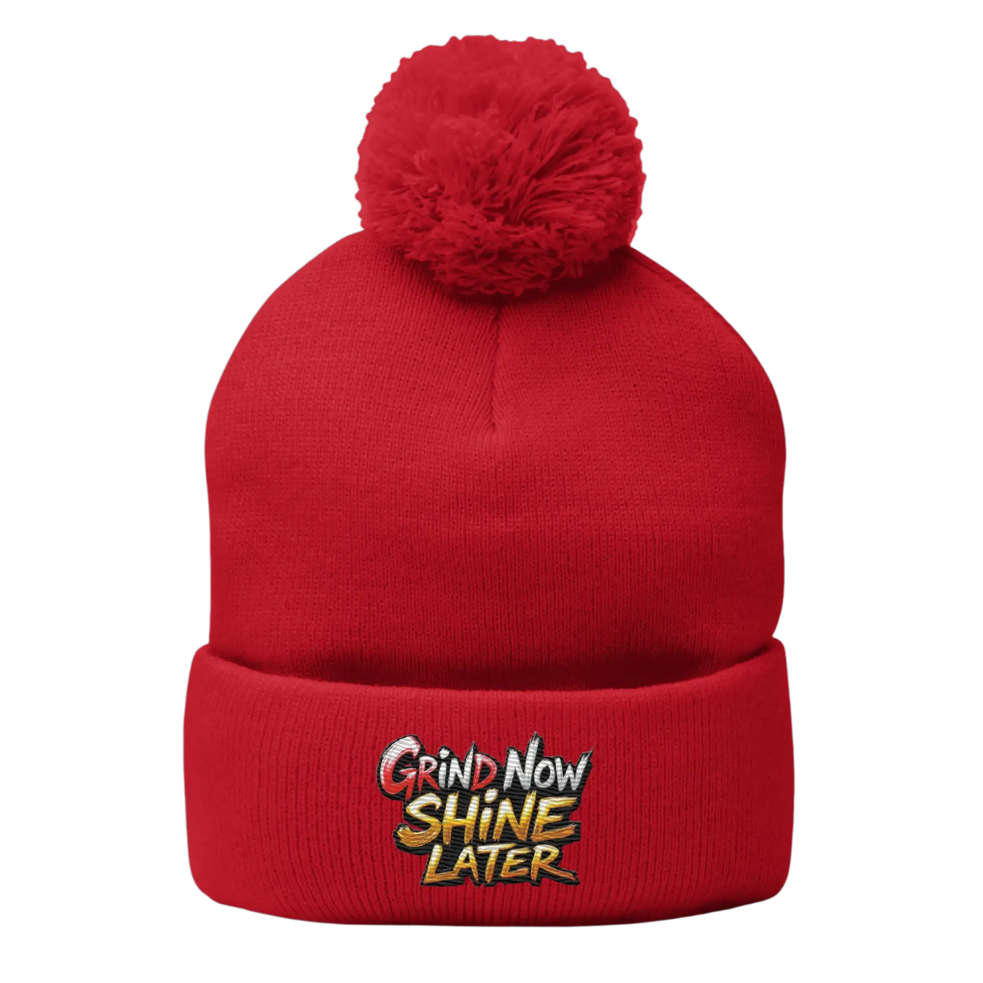 Red pom-pom beanie.
