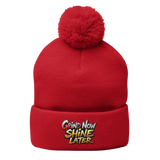 Red pom-pom beanie.
