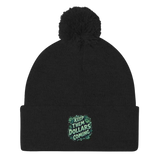 Black pom-pom beanie.
