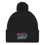 Black pom-pom beanie.