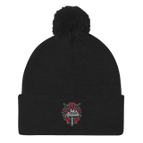 Black pom-pom beanie.