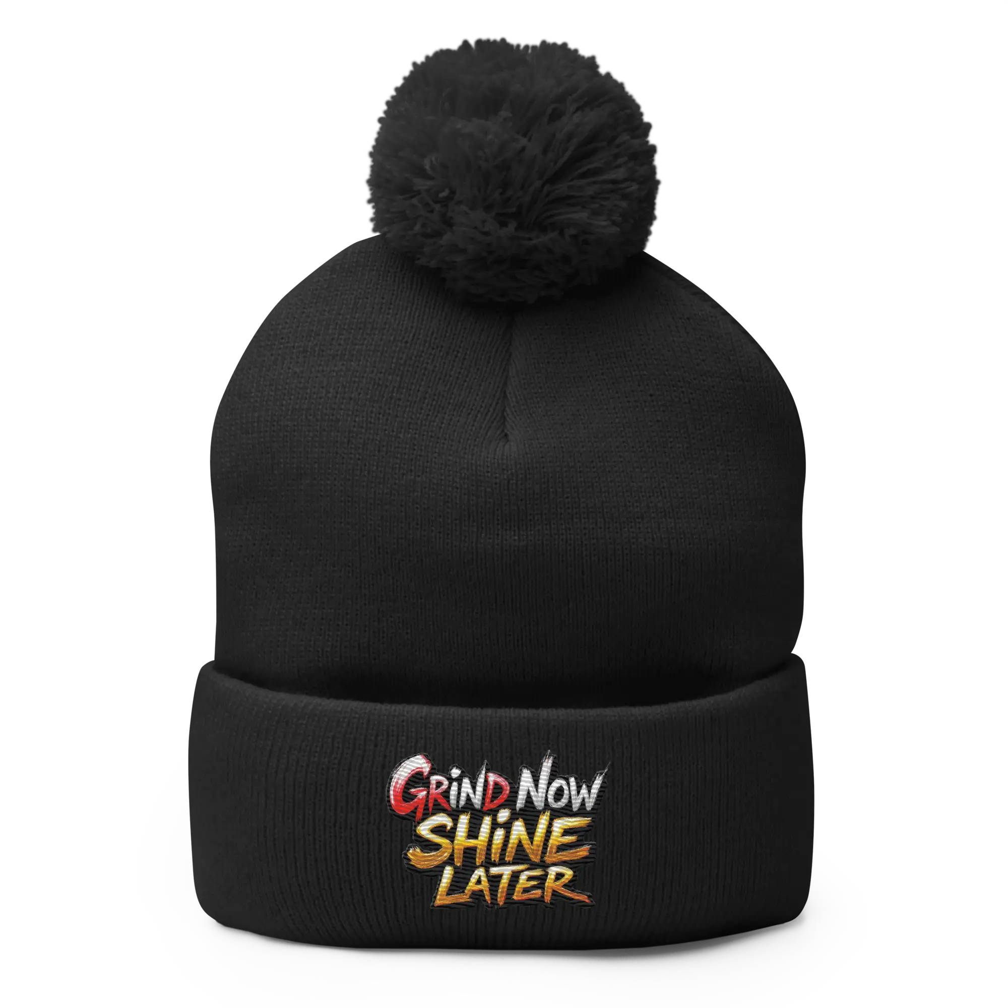 Black knit beanie with pompom.