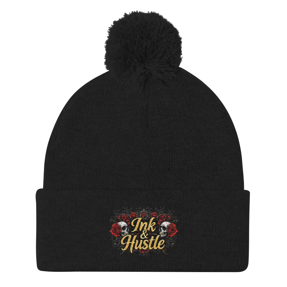 Black beanie with pompom.