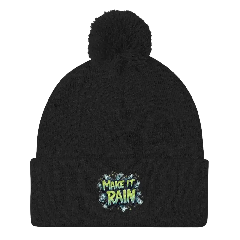 Black pom-pom beanie.