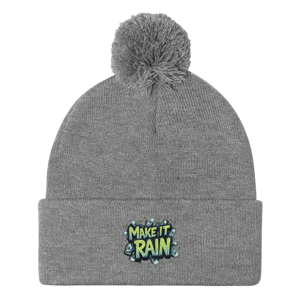 Gray knit beanie with pompom.