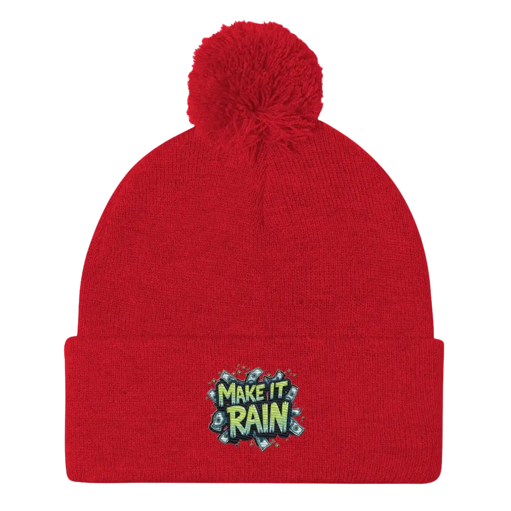 Red knit beanie with pompom.
