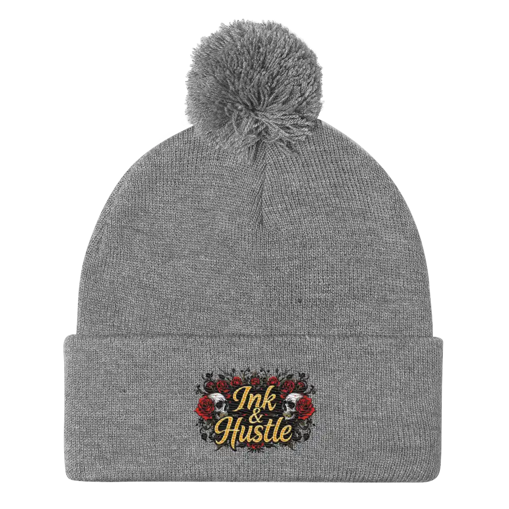 Gray pom-pom beanie.