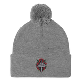 Gray knit beanie with pompom.