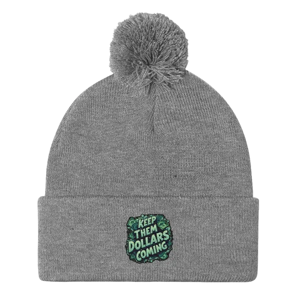 Gray knit beanie with pompom.